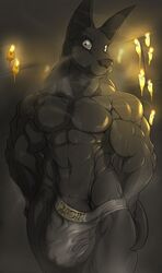 1boy anthro anubian_jackal anubis big_bulge bodily_fluids bulge canid canine canis clothing deity domestic_dog egyptian_mythology hi_res jackal jockstrap male male_only mammal megfluff middle_eastern_mythology muscular muscular_anthro muscular_male mythology name pose solo sweat underwear veiny