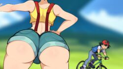 1boy 1girls ai_generated ass ass_focus bicycle clothed female female_focus huge_ass human kasumi_(pokemon) male mullon novelai outdoors pokemon pokemon_(anime) pokemon_(classic_anime) revealing_clothes satoshi_(pokemon) sideass solo_focus