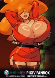 1girls big_breasts breasts breasts_bigger_than_head cartoon_network female female_focus female_only gerph hair_over_eyes huge_breasts orange_hair powerpuff_girls puffy_hair sara_bellum secretary smile smiling smiling_at_viewer solo solo_female solo_focus tan_body tanned tanned_female tanned_girl tanned_skin