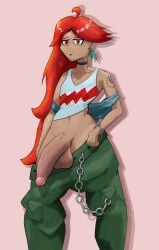 1boy baggy_pants big_penis chains earrings epic_omi femboy fluffy_hair long_hair oc original_character red_eyes red_hair self_upload simple_background taking_clothes_off tattoo