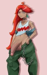 1boy baggy_pants big_penis chains earrings epic_omi femboy fluffy_hair long_hair oc original_character penis red_eyes red_hair self_upload simple_background taking_clothes_off tattoo