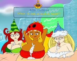 3boys 3girls betilla_(rayman) big_breasts big_penis blonde_hair bodily_fluids breasts challenge competition competitive_sex cum cum_on_breasts dark-skinned_female dark_skin edith_up_(rayman) english_text faceless_male female group group_sex headwear helena_handbasket_(rayman) large_breasts light-skinned_female light_skin long_hair male nymph_(rayman) orgasm paizuri penis penis_between_breasts rayman_(series) red_hair titjob tubetop