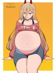 1girls bedroom_eyes blush breasts chainsaw_man color_edit demon demon_horns dirty_blonde_hair edit elpacha2 female large_breasts long_hair orange_eyes panties popped_navel power_(chainsaw_man) pregnant ready_to_pop red_panties shirt_lift thick_thighs unbuttoned_shorts wickedatlas wide_hips