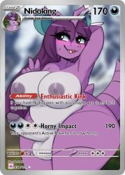 anthro anthrofied balls big_breasts blush breasts brown_eyes card card_(medium) english_text erection eyebrows eyelashes female_nidoking generation_1_pokemon genitals gynomorph hair hand_behind_head horn huge_breasts humanoid_genitalia humanoid_penis i_am_kat95 iamkat95 intersex looking_at_viewer nidoking nintendo nipples nude open_mouth penis pokemon pokemon_(species) pokemon_card pokemon_tcg pokemorph purple_body purple_hair smile solo teeth text thick_thighs trading_card wide_hips