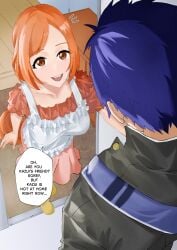 1boy 1girls bleach doorway inoue_orihime milf orange_hair text