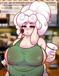 absurd_res anthro apron apron_only areola beauty_mark belly big_belly big_breasts biped bovid breasts caprine clothing coffee_cup container cookie_dough_(oc) cup curled_hair curvy_figure domestic_sheep english_text female fur green_apron hair heart hi_res i_mean_breast_milk iced_latte_with_breast_milk iliekbuttz inverted_nipples mammal marker meme mostly_nude nipples obese obese_anthro overweight overweight_anthro sheep solo starbucks text unamused wide_hips wool_(fur)