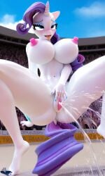 ai_generated audience big_breasts female_ejaculation friendship_is_magic masturbation my_little_pony nipples public public_nudity rarity_(mlp) squirt squirting stadium stadium_background white_body