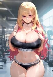 1girls ai_generated bangs bare_shoulders black_choker black_panties black_sports_bra blonde_hair blush bra bracelet breasts choker clavicle cleavage clothing colored_tips curvaceous curvaceous_female curvaceous_figure curvy curvy_figure ear_piercing earrings female female_focus female_only gradient_hair gym gym_clothes gym_uniform huge_breasts hydrolis999 impossible_clothes impossible_clothing impossible_fit impossible_shirt indoors industrial_piercing jewelry kitagawa_marin large_breasts long_hair looking_at_viewer midriff multicolored_hair navel parted_lips piercing pink_eyes pink_hair seductive seductive_look seductive_smile smile solo sono_bisque_doll_wa_koi_wo_suru sports_bra sportswear standing stomach sweat thick_thighs thigh_gap thighs underwear voluptuous voluptuous_female wet wide_hips