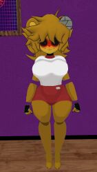 cally3d cosplay cryptiacurves embarrassed five_nights_at_freddy&#039;s fredina&#039;s_nightclub golden_freddy_(fnaf) golden_fredina_(cally3d) gym_uniform pose type_0