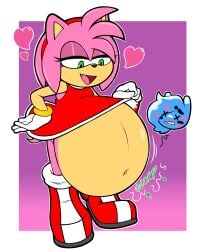 amy_rose boots cole_the_sea_slug color colored digestion digestion_noises dress exposed_belly fang gael2000 green_eyes heart hedgehog huge_belly kiss_mark no_shading oc original_character pink_fur red_boots red_dress rings_on_arms sea_slug simple_background soft_vore sonic_(series) sonic_the_hedgehog_(series) tiara velkno vore