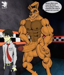 anthro big_penis blush duo english_text five_nights_at_freddy's five_nights_at_freddy's_3 genitals human jayden_rokashi lagomorph leporid male male/male mammal muscular muscular_anthro nazuranoke nipples penis rabbit scottgames speech_bubble springtrap_(fnaf) text watermark