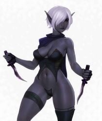 1girls cape cloak clothed corset corset_bra dark_elf dark_skin drow elf elf_ears elf_female elf_girl female freli fully_clothed red_eyes short_hair thick thick_thighs white_hair