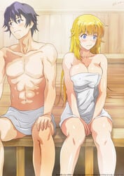 banished_from_the_hero's_party_i_decided_to_live_a_quiet_life_in_the_countryside big_breasts blonde_hair blue_hair breasts canon_couple embarrassed gideon_ragnason nolia rit rizlet_loggervia sauna shin_no_nakama_ja_nai_to_yuusha_no_party_wo_oidasareta_node,_henkyou_de_slow_life_suru_koto_ni_shimashita side_by_side sitting towel