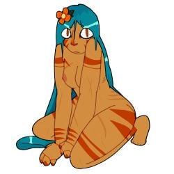 body_markings bodypaint cookie_run crouching long_hair muscular_female teal_hair tiger_lily_cookie