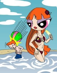 artstyle_imitation beach bikini blossom_(powerpuff_girls) orange_hair pink_eyes powerpuff_girls red_hair summer swimsuit