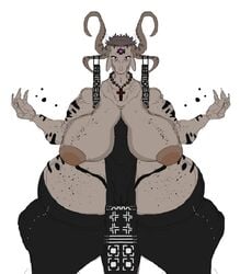 4_horns accessory angel anthro areola ass big_areola big_breasts big_butt biped bovid breasts brown_eyes caprine christian_symbol christianity claws clothed clothing cross curvy_figure digital_media_(artwork) female furgonomics gem genitals goat grey_body hair hi_res horn horn_accessory huge_breasts huge_butt huge_hips jewelry looking_at_viewer magic magic_user mammal markings multi_horn necklace nipples partially_clothed pussy religion sagging_breasts simple_background solo tacofoxbrazil thick_thighs topwear wide_hips