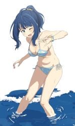 bare_arms bare_belly bare_legs bare_shoulders bare_thighs belly_button big_breasts bikini blue_bikini blue_eyes blue_hair blush bracelet breasts cleavage collarbone feet_in_water high_ponytail make_heroine_ga_oo_sugiru! one_eye_closed open_mouth outdoors side-tie_bikini_bottom sideboob sincos smile string_bikini thighs tied_hair water yanami_anna