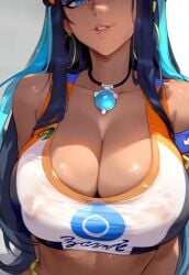1girls ai_generated armlet bangs bare_shoulders bikini black_hair blue_eyes blue_eyeshadow blue_hair blush breasts clavicle cleavage clothing covered_erect_nipples crop_top curvaceous curvaceous_female curvaceous_figure curvy curvy_figure dark-skinned_female dark_skin earrings erect_nipples erect_nipples_under_clothes eyeliner eyeshadow female female_focus female_only gym_leader hair_bun hoop_earrings huge_breasts hydrolis999 inviting inviting_to_sex jewelry large_breasts lips long_hair looking_at_viewer makeup midriff multicolored_hair navel necklace nessa_(pokemon) nipples no_bra parted_lips pendant pokemon pokemon_(game) pokemon_ss pokemon_sword_&_shield presenting presenting_breasts seductive seductive_smile see-through smile solo sports_bra sweat swimsuit tankini tied_hair two-tone_hair upper_body voluptuous voluptuous_female wet