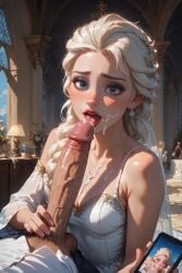 1boy 1girls ai_generated blonde_hair blue_eyes blush cum cum_on_face cum_on_upper_body disney elsa_(frozen) freckles freckles_on_face frozen_(film) frozen_2 holding_penis iphone licking_penis looking_at_viewer open_mouth penis single_braid testicles tongue_out