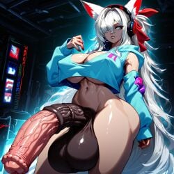 1futa ai_generated crop_top cropped_hoodie female fox_ears fox_girl futanari gamer_girl hair_over_one_eye hair_ribbon horsecock horsecock_futanari huge_ass huge_breasts huge_cock long_hair penis releisnaughty solo solo_futa super_saiyan thick_thighs white_hair