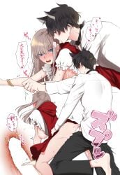 1boy animal_ears big_bad_wolf big_bad_wolf_(cosplay) black_hair blue_eyes breasts brown_hair cape censored commentary_request cosplay doggy_style fdn_fdo female hood hooded_cape large_breasts little_red_riding_hood little_red_riding_hood_(grimm) little_red_riding_hood_(grimm)_(cosplay) long_hair looking_at_another original sex shirt short_hair straight tail translation_request vaginal_penetration white_shirt wolf_boy wolf_ears wolf_tail