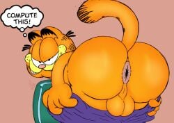 2024 anthro anus ass balls big_butt black_body black_eyes black_fur black_tail bottomwear bottomwear_down clothed clothing digital_media_(artwork) domestic_cat english_text exclamation_point felid feline felis fur garfield_(series) garfield_the_cat genitals half-closed_eyes hi_res looking_at_viewer looking_back male mammal multicolored_body multicolored_fur narrowed_eyes nekoni orange_body orange_ears orange_fur orange_tail pants pants_down paramount_pictures partially_clothed paws,_inc. pink_nose presenting presenting_hindquarters purple_bottomwear purple_clothing purple_pants rear_view sharp_teeth solo solo_male tail teeth text thick_thighs thought_bubble two_tone_body two_tone_fur two_tone_tail