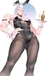 1boy abs black_bunnysuit black_stockings black_suit bracelet bunny_ears bunny_tail bunnysuit cup drinking earrings guuuuum hi_res jean_pierre_polnareff jojo's_bizarre_adventure legs light-skinned_male looking_down male_focus male_only man_tits muscular muscular_legs muscular_male pecs perspective silver_hair simple_background solo solo_male stardust_crusaders tray