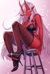 akumi female gold_eyes horns huge_breasts legwear oni oni_horns red_skin scars stockings virtual_youtuber vyugen white_hair yellow_eyes