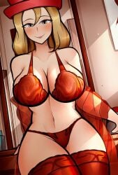 1girls arkeus blonde_hair female game_freak grey_eyes hat huge_breasts large_breasts light-skinned_female looking_at_viewer nintendo pokegirl pokemon pokemon_xy red_bra red_legwear red_lingerie red_panties serena_(pokemon) serena_(pokemon_games) smile smiley_face smiling smiling_at_viewer solo thick_thighs transparent_clothing twitter_link wide_hips