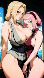 2girls adult_and_teenager age_difference ai_generated asymmetrical_docking big_breasts blonde_hair bottomless breast_press breast_size_difference breasts brown_eyes cleavage cuddling docking dress effernetti embarrassed forehead_mark green_eyes head_on_breasts height_difference implied_yuri kimono larger_female looking_at_viewer multiple_girls naruto naruto:_the_last naruto_(series) naruto_shippuden older_female older_woman_and_teenage_girl partially_clothed petite pink_hair sakura_haruno size_difference sleeveless smaller_female smile take_your_pick taller_female teacher_and_student tsunade younger_female