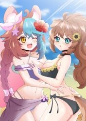 2girls _tail ass beach big_breasts bikini black_swimsuit blue_eyes blue_hair blush breasts brown_hair bun canine chinchilla chinchilla_girl cute_face dog_ears dog_girl dog_tail flower_in_hair green_eyes hug keiramevt kimura_senpai lilybell_vt looking oneeshi purple_swimsuit red_hair smile star_hair_accessory star_hair_ornament sunflower_hair_ornament swimsuit yellow_eyes