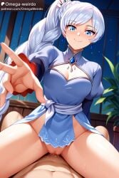 ai_generated blue_eyes cheating dress jaune_arc patreon rwby smile straddling weiss_schnee white_hair