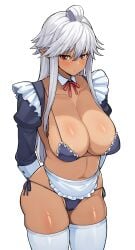 armpits arms_behind_back averting_eyes bikini blue_bikini blue_dress blush breasts closed_mouth collar dark-skinned_female dark_elf dark_elf_female dark_skin dot_mouth dress elf feet_out_of_frame female groin hair_between_eyes highres large_breasts long_hair maid maid_bikini midriff navel norakuro_nero pointy_ears reanette_elfelt red_eyes shinmai_ossan_bokensha simple_background skindentation solo swimsuit thighhighs unconventional_maid very_long_hair white_background white_collar white_hair white_thighhighs