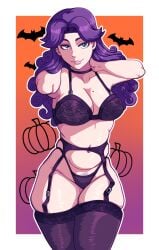 abigail_(stardew_valley) bra choker colored_pubic_hair curly_hair garter_belt garter_straps girl green_eyes halloween hand_on_hair lingerie lingerie_only looking_at_viewer mole mole_on_breast purple_hair smiling smiling_at_viewer stardew_valley thick_thighs thigh_highs thighhighs