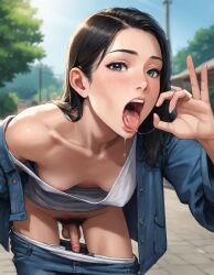 1futa ai_generated balls ballsack black_hair blowjob_face blowjob_gesture blue_eyes blush blushing breasts chico88 exposed_penis futa_only futanari leaning_forward looking_at_viewer loose_clothes open_mouth original original_character outside penis pubic_hair saliva saliva_trail small_breasts solo_futa stable_diffusion tongue tongue_out