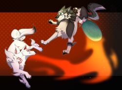 abstract_background amaterasu_(okami) animal_genitalia attack ball_crush ballbusting balls black_bars black_body black_fur broken_chain canine capcom chains chest_tuft claws clenched_teeth clover_studio cock_and_ball_torture cuff_(restraint) digitigrade duo ear_piercing female feral fire fully_sheathed fur genital_torture genitals hi_res jumping link male markings nintendo okami_(capcom) pain pawpads piercing red_balls red_markings restraints ring_piercing sheath shield surprised_expression teeth the_legend_of_zelda toe_claws tuft turning_around white_body white_fur wide_eyed wolf_link yiffy1234