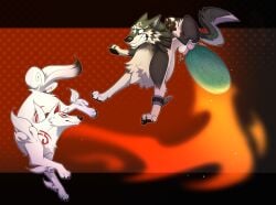 abstract_background amaterasu amaterasu_(okami) animal_genitalia attack ball_crush ballbusting balls black_bars black_body black_fur broken_chain canine capcom chains chest_tuft claws clenched_teeth clover_studio cock_and_ball_torture cuff_(restraint) digitigrade duo ear_piercing female feral fire fully_sheathed fur genital_torture genitals hi_res jumping link male markings nintendo okami okami_(capcom) pain pawpads piercing red_balls red_markings restraints ring_piercing sheath shield surprised_expression teeth the_legend_of_zelda toe_claws tuft turning_around twilight_princess white_body white_fur wide_eyed wolf_link yiffy1234