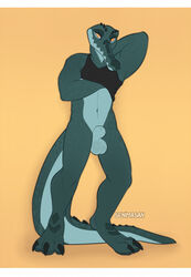 2021 3_toes animal_genitalia anthro artist_name athletic athletic_anthro athletic_male balls big_balls biped bottomless claws clothed clothing crocodilian digital_media_(artwork) feet fully_sheathed genitals gharial green_body green_scales hand_behind_head hi_res looking_at_viewer male navel orange_background orange_eyes pose reptile scales scalie senimasan sheath shirt simple_background smile smiling_at_viewer solo standing tank_top teeth toe_claws toes topwear