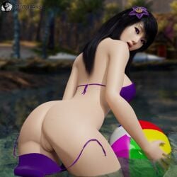 3d beach_ball bikini blender_(software) fanart female female_only guild_wars guild_wars_2 human mrwolfarts purple_bikini purple_eyes surprised wardrobe_malfunction