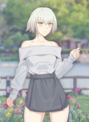 blush city_background commission commissioner_upload date fate/grand_order fate_(series) female flowers grey_skirt guardrail jeanne_alter ophirianmerchant shoulderless_shirt street white_hair yellow_eyes