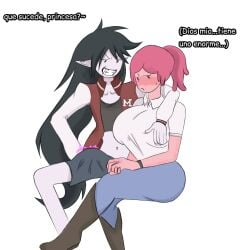 1futa 1girls adventure_time big_breasts big_penis bonnibel_bubblegum breasts bulge clothed clothing duo erection erection_under_clothes female fully_clothed futa_on_female futanari humanoid marceline marceline_abadeer penis short_hair spanish_text thought_bubble vampire_girl