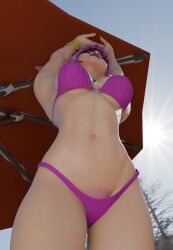 1girls beach beach_umbrella big_ass big_breasts bikini black_lips black_lipstick breasts clothes_falling_off eyes_closed female female_only fortnite fortnite:_battle_royale perete pink_bikini pink_hair pink_pubic_hair power_punk_(fortnite) pubic_hair pubic_hair_peek short_hair smile smiling stretching sweat sweatdrop sweating wardrobe_malfunction wet wet_body wet_skin