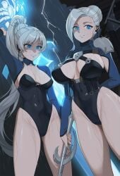 100wang 2girls big_breasts blue_eyes breasts female female_only hair_bun huge_breasts large_breasts leotard multiple_girls rwby sisters sword weiss_schnee white_hair winter_schnee