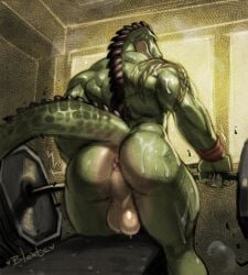 1boy abstract_background anthro anus ass back_muscles back_spikes backsack balls barbell bench big_ass_cheeks big_balls big_butt bleats bodily_fluids butt crocodile crocodilian crocodylid deadlift exercise furaffinity genitals green_body head_spikes hi_res huge_butt male multicolored_scales muscular muscular_arms muscular_male neck_spikes nude raised_tail rear_view reptile scales scalie solo spiked_tail spikes spikes_(anatomy) sweat sweaty_body sweaty_butt tail tan_body tarik_(rivanzlatan) thick thick_ass thick_butt thick_thighs two_tone_scales weightlifting wide_hips workout wristband yellow_eyes