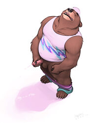 1boy 2021 anthro awarebear balls ballsack beefy black_nose body_fur brown_fur closed_eyes clothing cum cum_drip cumshot ejaculation erection foreskin foreskin_folds fur furry_balls genitals hat headgear headwear humanoid_genitalia humanoid_hands humanoid_penis intact male male_only mammal masculine masturbation musclegut muscles muscular_male overweight overweight_male pants_down partially_retracted_foreskin penis scrotum shaggy_fur shirt simple_background solo tank_top testicles topwear uncut ursid veiny_penis