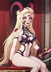 ai_generated big_breasts blonde_hair censored ends34 female female_focus hazbin_hotel horns legs lilith_morningstar_(hazbin_hotel) milf stockings