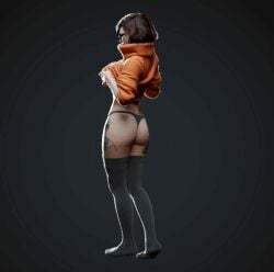 1girls 3d 3d_(artwork) abs artist_request brown_hair female fit fit_female glasses image_set short_hair stockings sweater sweater_lift tattoo tattoos thick_thighs velma_dinkley