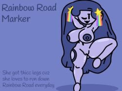 1girls blue_body blue_hair find_the_markers naked_female pale_blue_skin rainbow_road_marker star_earrings stretching thicc_thighs winking_at_viewer