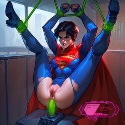 1girls ai_generated anal anal_object_insertion arms_up black_hair bodysuit bondage bound_ankles bound_wrists cape clitoral_stimulation dc_comics dildo female female_only free_use kara_zor-el legs_up medium_breasts rape riding_dildo sex_toy short_hair solo stupidhornyai supergirl supergirl_(sasha_calle) suspension torn_bodysuit torn_clothes