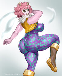 1girls big_breasts big_butt black_sclera bodysuit boots breasts butt clothed clothed_female female female_only hero_outfit_(mha) horns keigi_(artist) large_butt mask mina_ashido my_hero_academia nipple_bulge pink_hair pink_skin short_hair solo solo_female thick_thighs thighs tight_clothing yellow_eyes